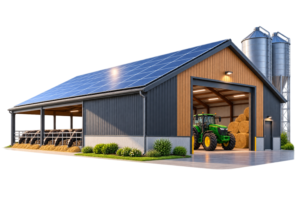 Illustration d'un bâtiment agricole avec panneaux solaires