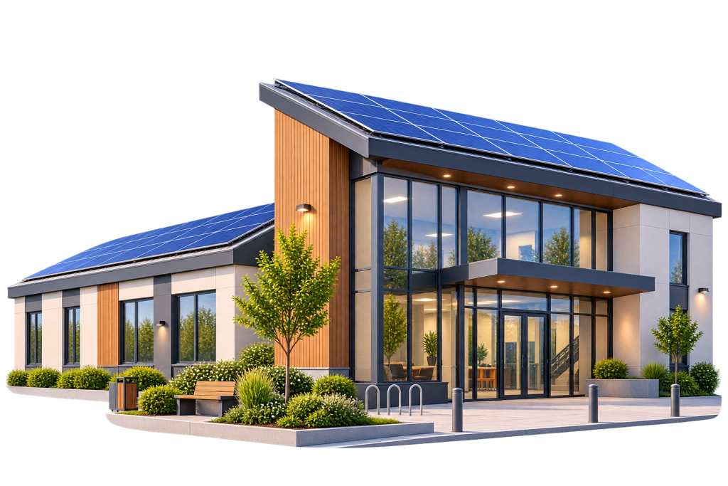 Illustration d'un bâtiment public avec panneaux solaires