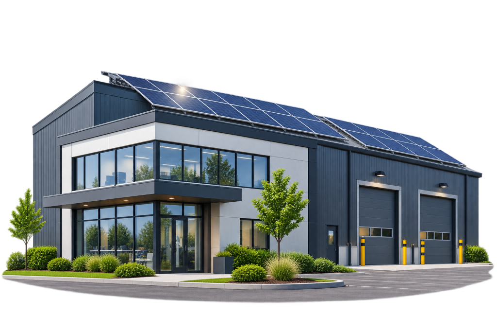 Illustration d'un bâtiment professionnel avec panneaux solaires