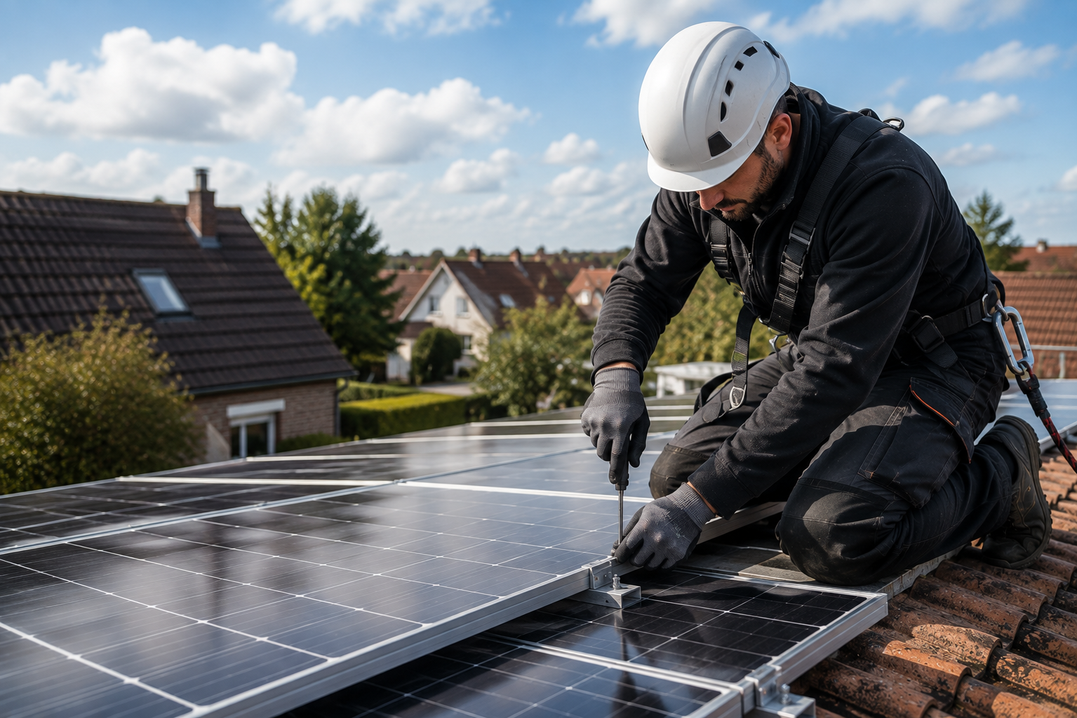Technicien posant des panneaux photovoltaïques sur une toiture